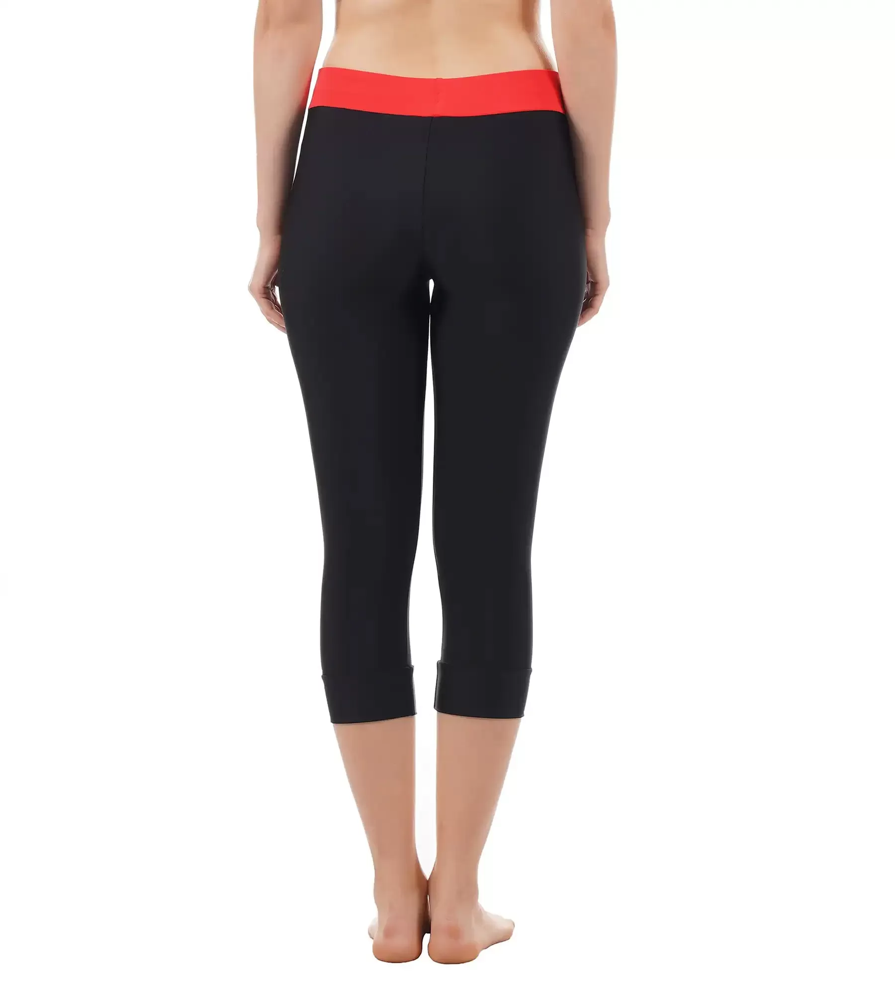 Women's Solid Contrast Swim Capri   - Black  &  Lava Red