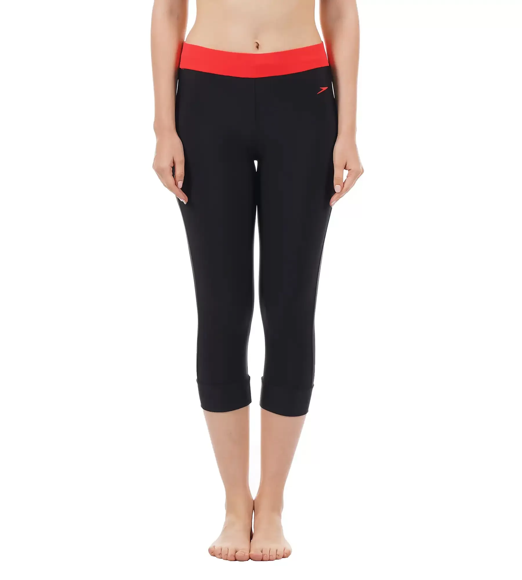 Women's Solid Contrast Swim Capri   - Black  &  Lava Red