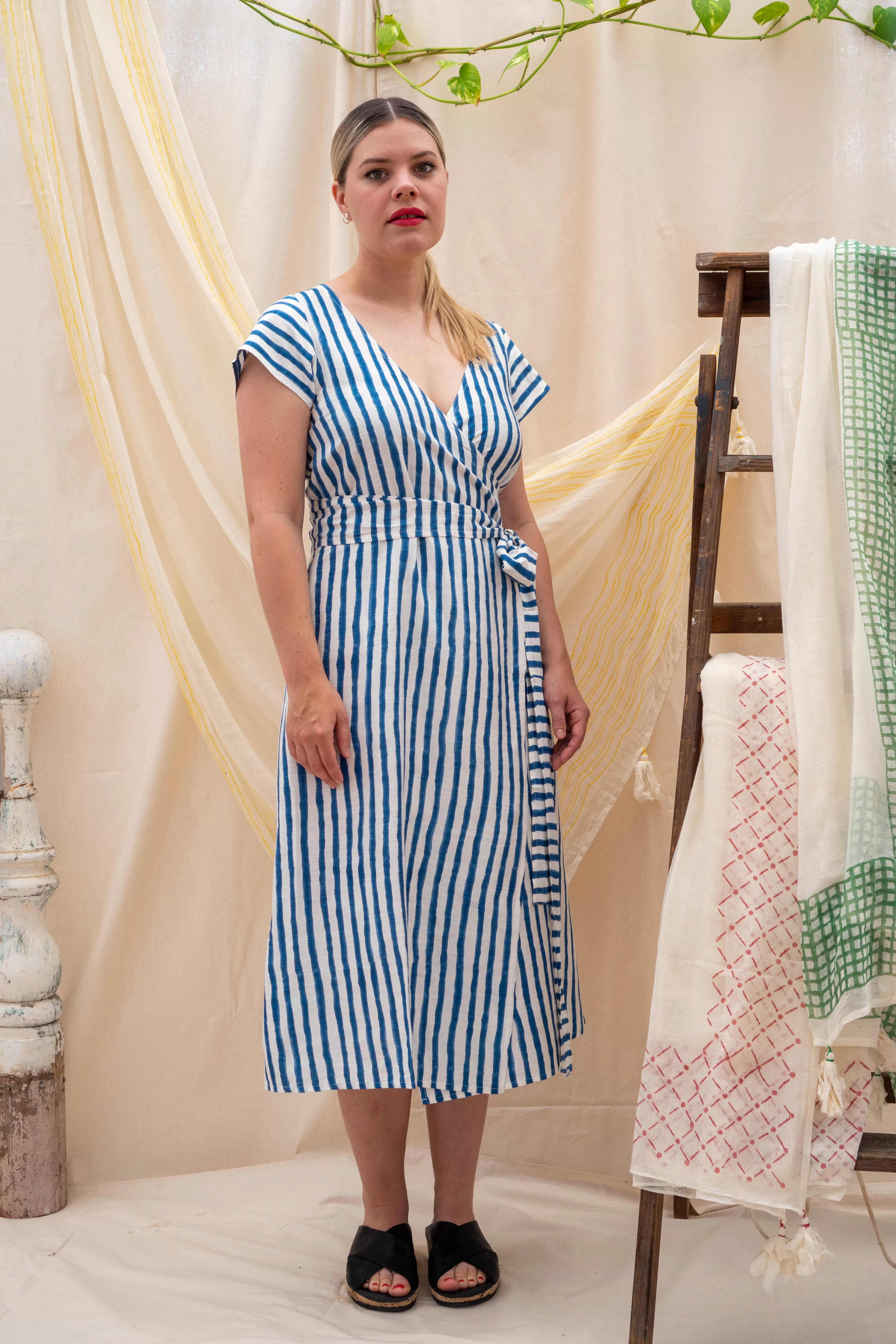 Wrap Tie Dress | Indigo Stripe