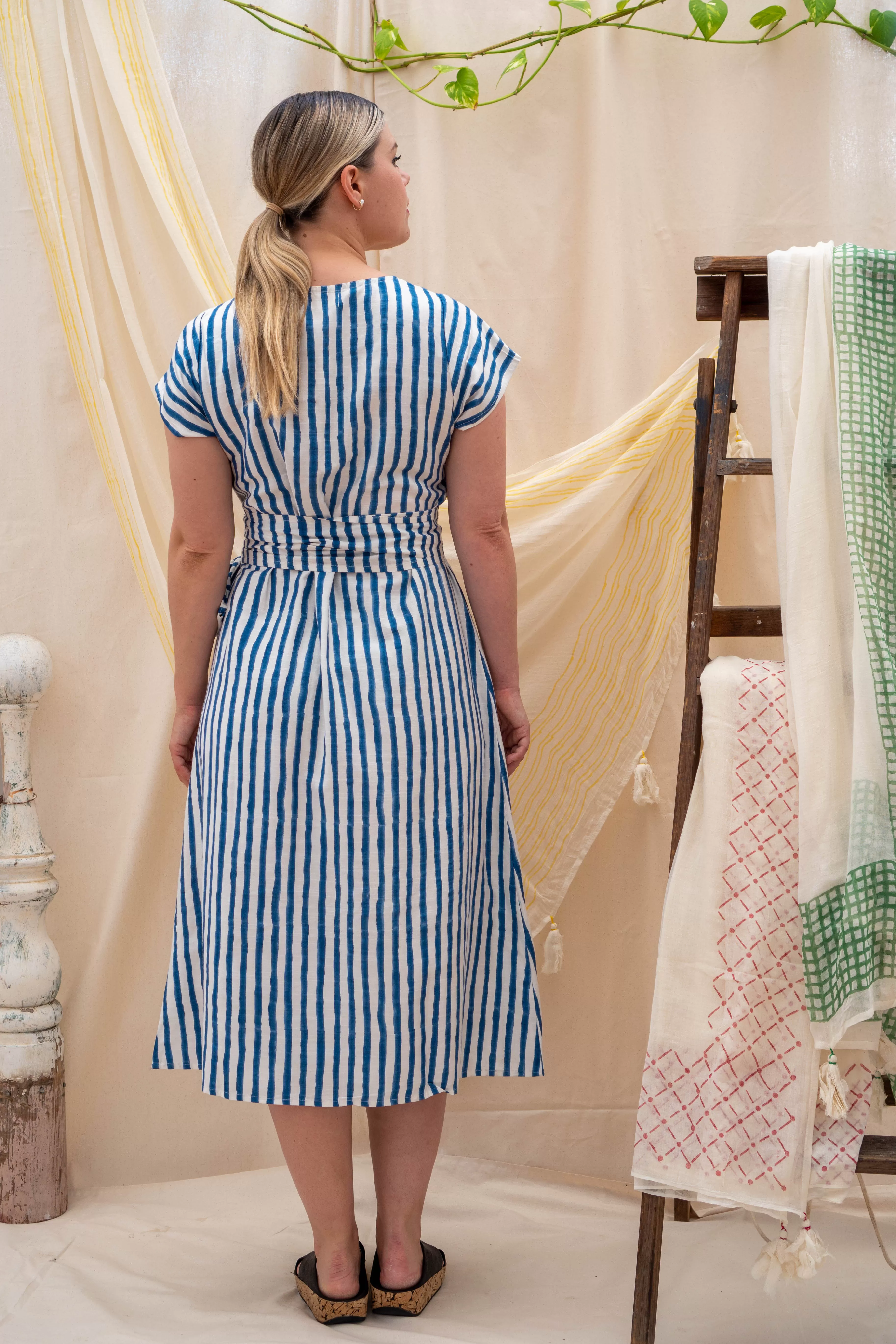 Wrap Tie Dress | Indigo Stripe