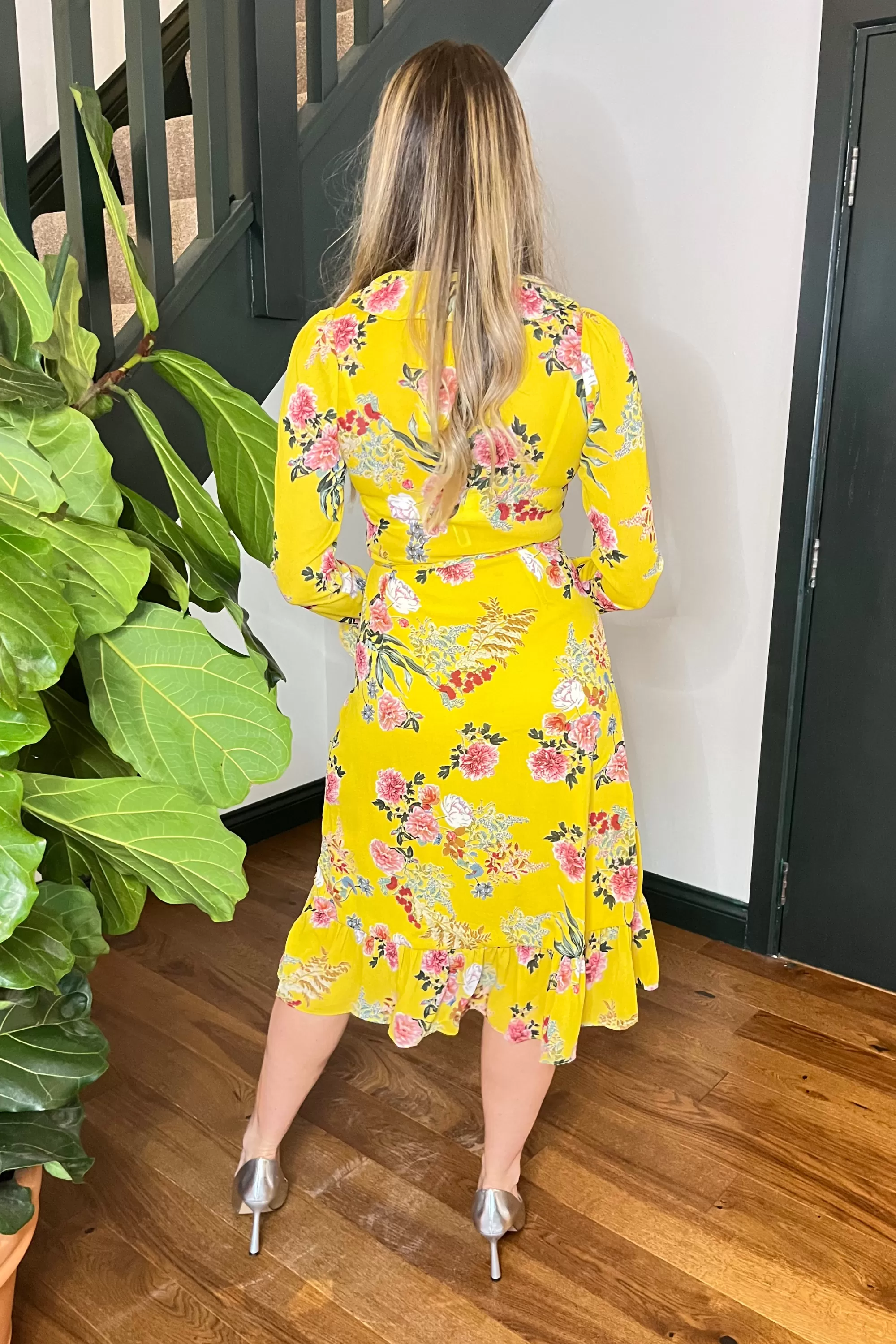 Yellow Floral Print Wrap Dress