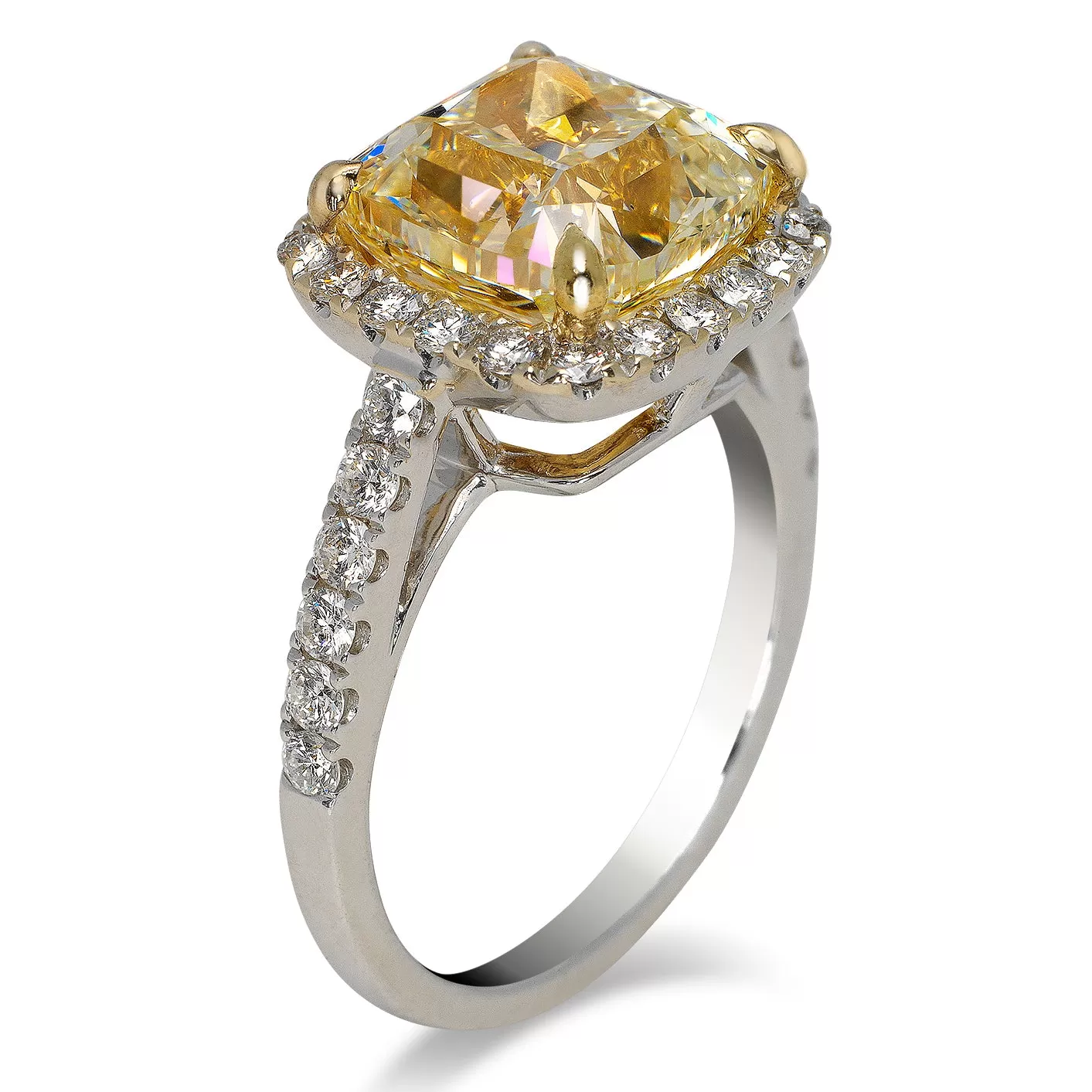 YSE 6 CARAT CUSHION CUT YELLOW DIAMOND ENGAGEMENT RING 18K WHITE GOLD GIA CERTIFIED 5 CT BY MIKE NEKTA