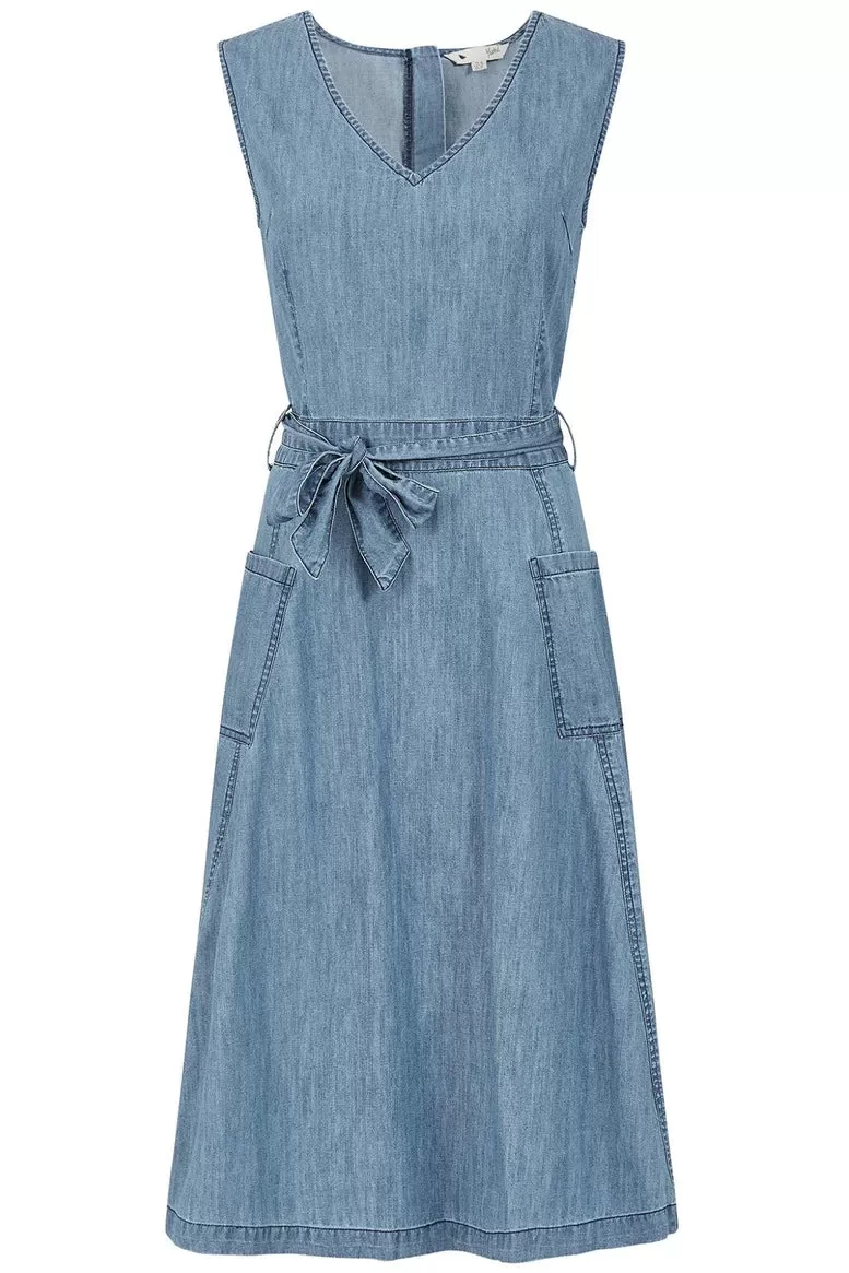 Yumi Blue Chambray Denim Midi Skater Dress