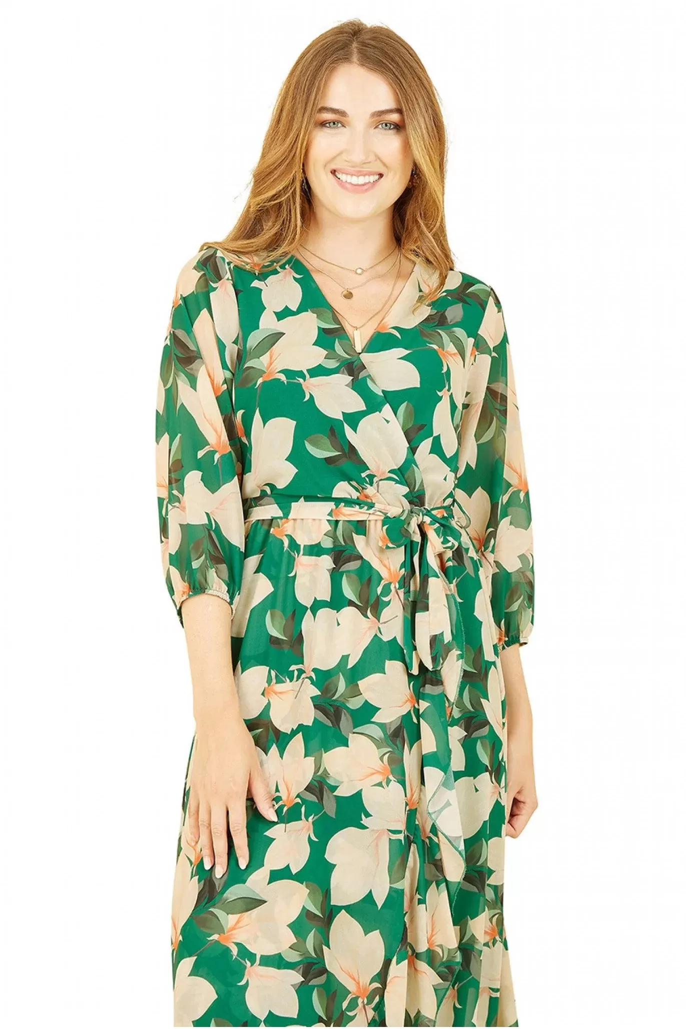 Yumi Green Blossom Wrap Midi Dress With 3/4 Sleeves