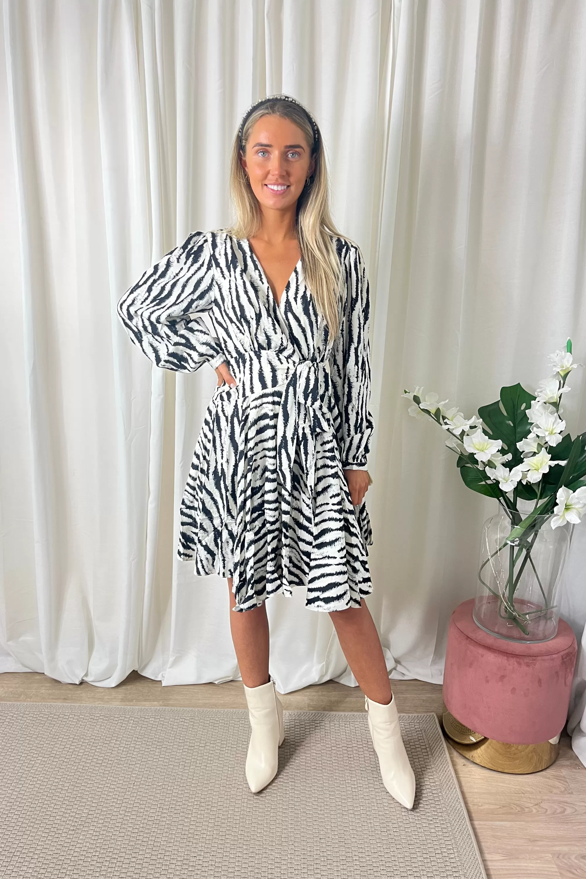 Zebra Print V Neck Wrap Dress