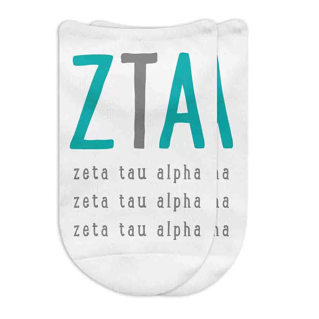 Zeta Tau Alpha Sorority Socks with Large Greek Letters, Printed on No Show Socks