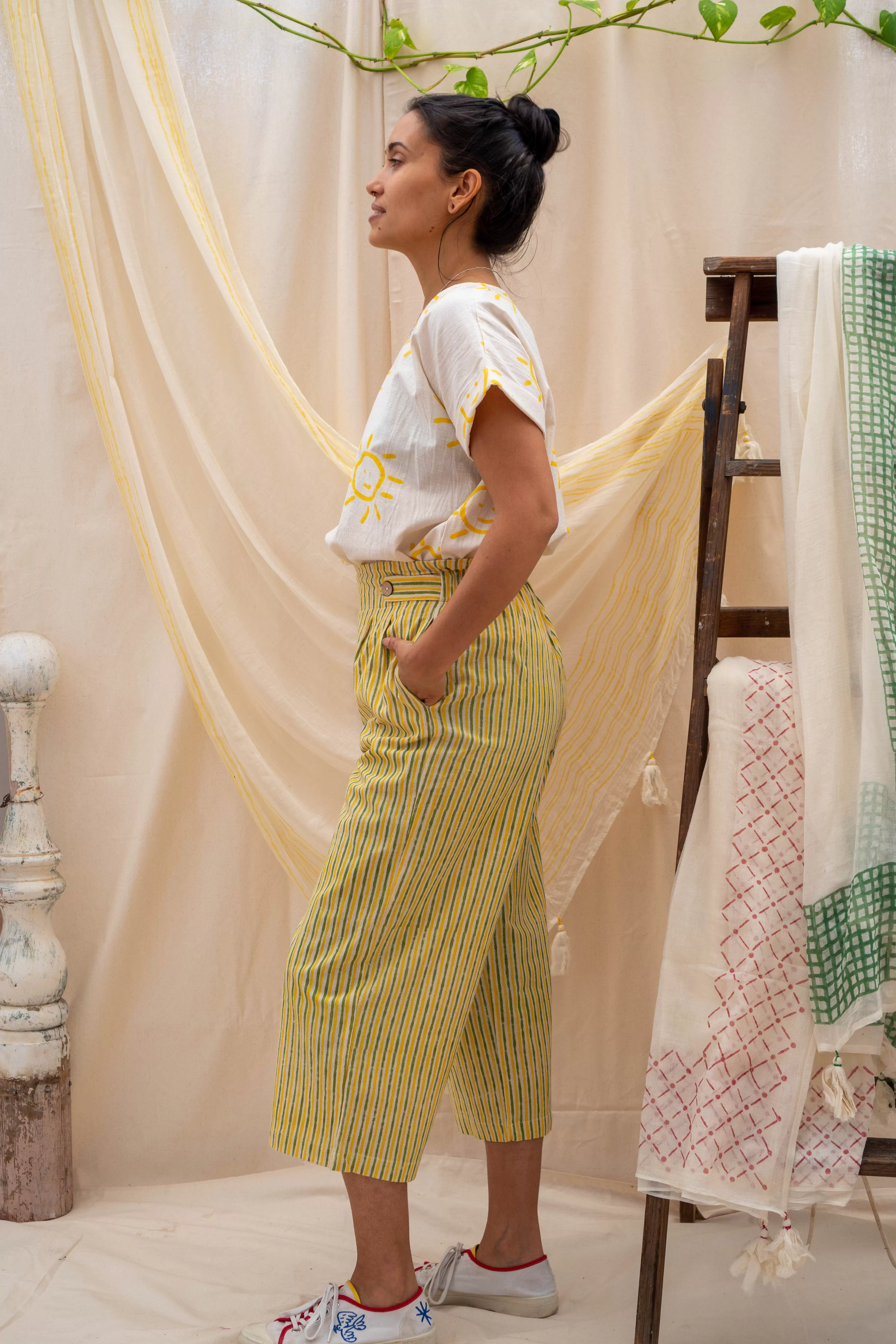 ¾ Button Pants | Yellow & Green Stripe