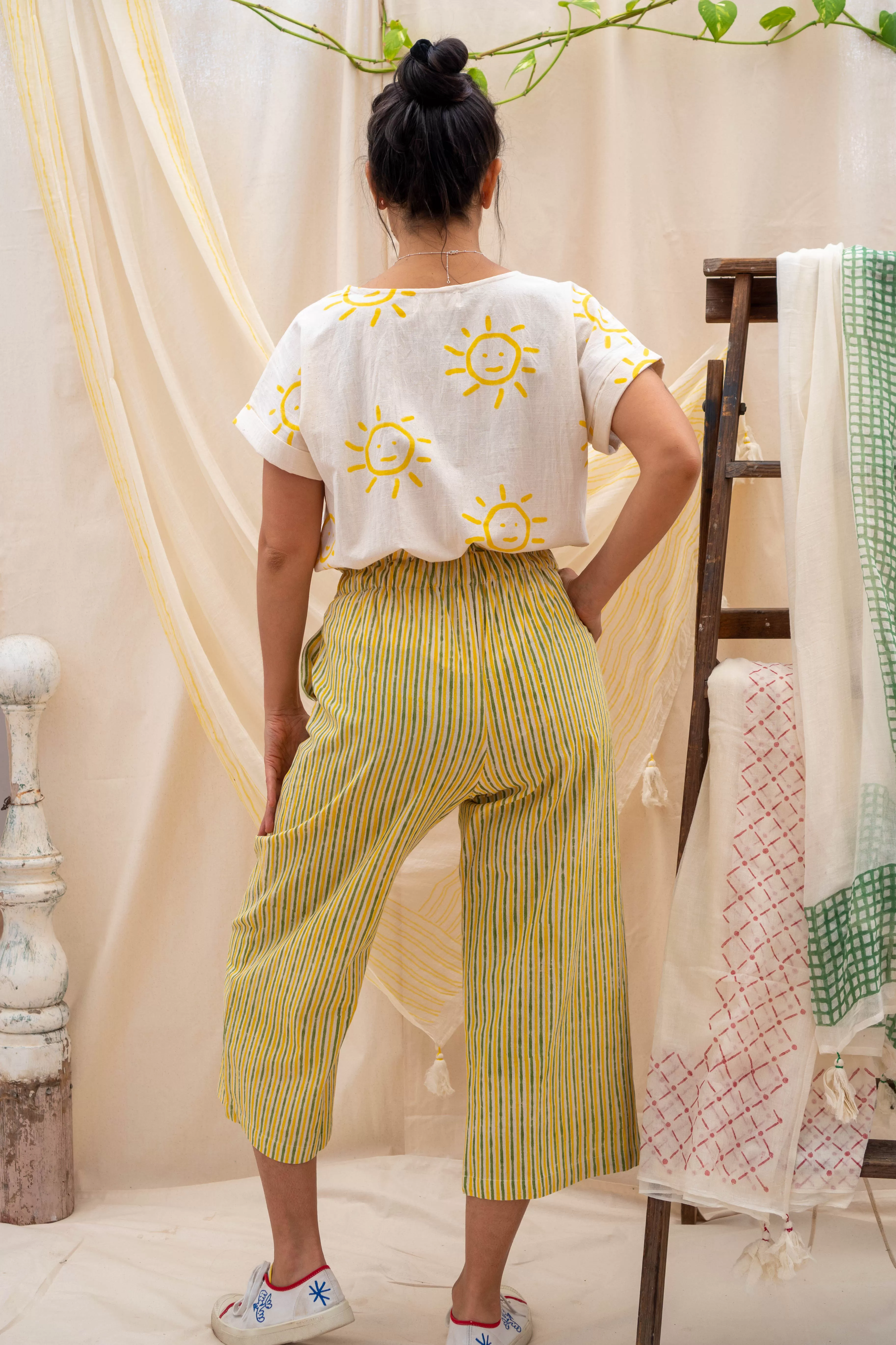 ¾ Button Pants | Yellow & Green Stripe